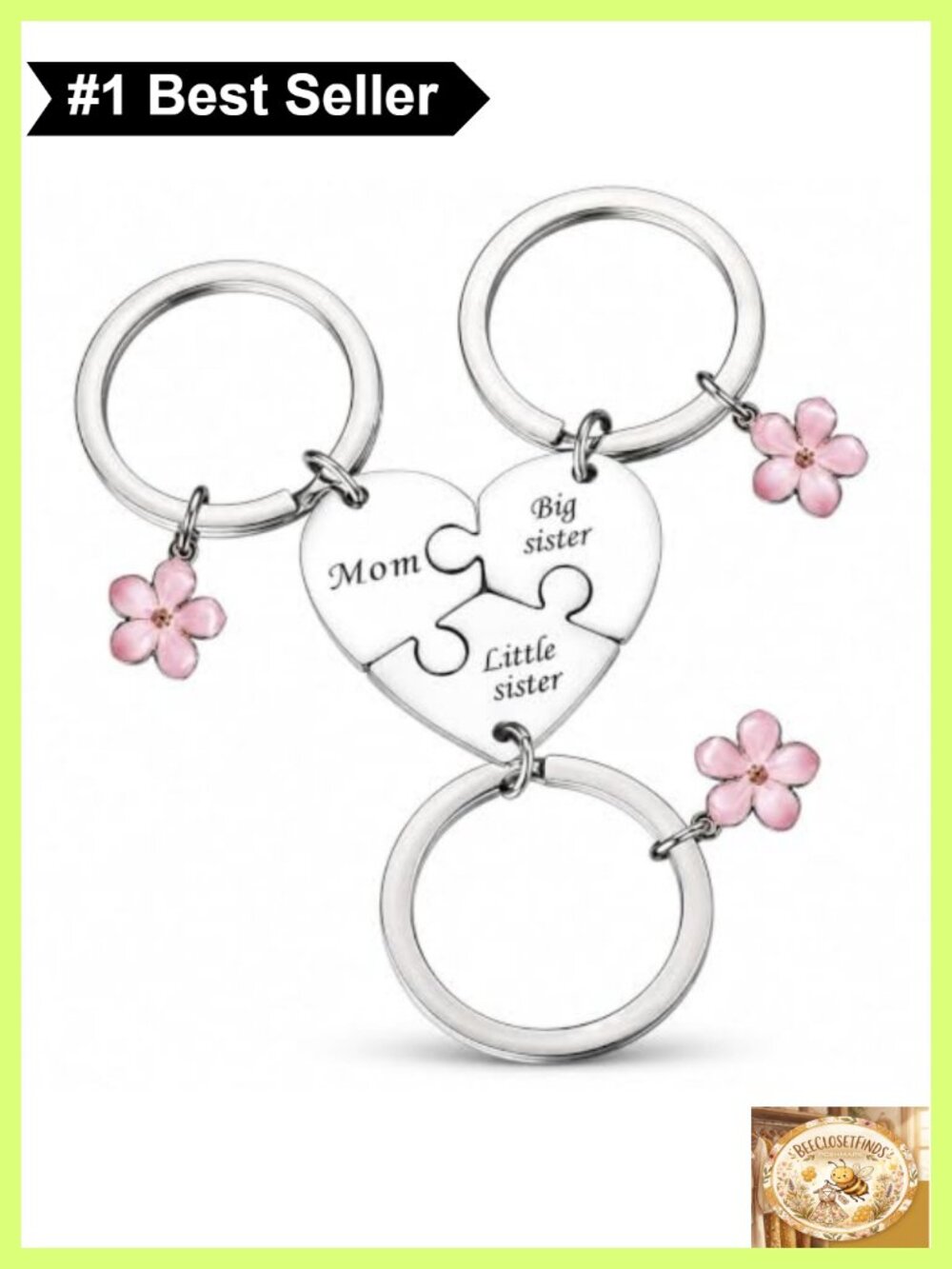 Stainless Steel Mom Big Little Sister Heart Keychain Set Family Gift